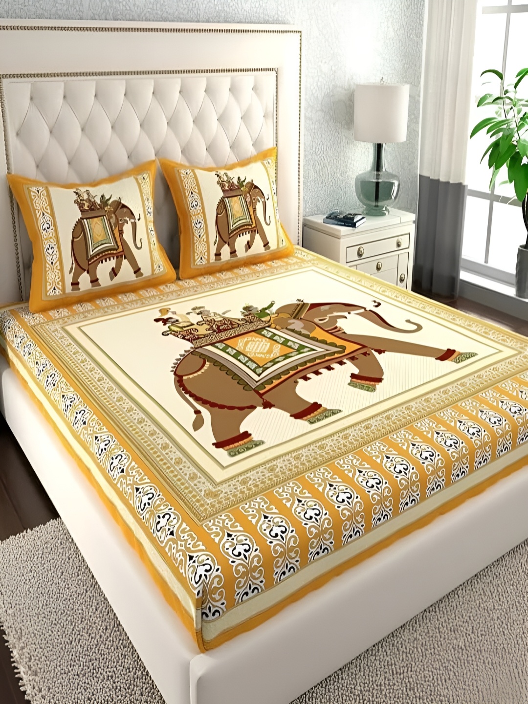 

Runjhun Cream & Brown Ethnic Motifs Cotton 180 TC Queen Bedsheet with 2 Pillow Covers