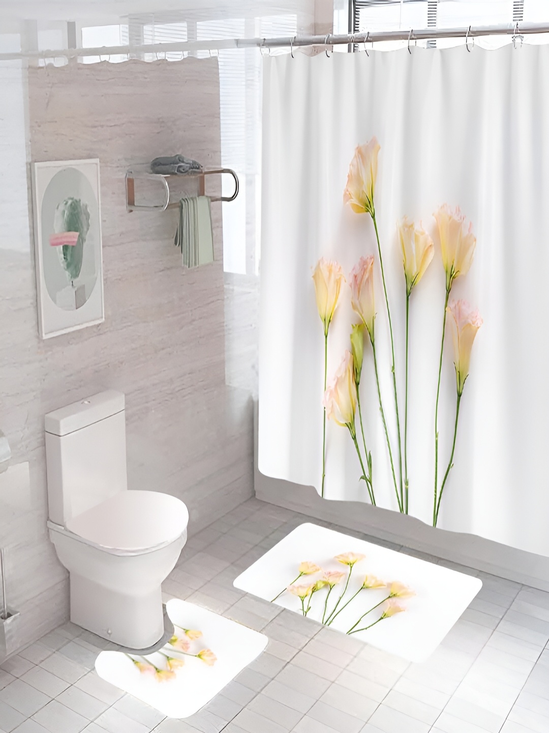 

Kuber Industries 3 Pcs Shower Curtain & Bathmat Set, White