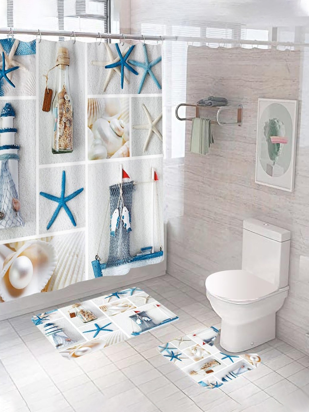 

Kuber Industries White & Blue 3 Pieces Quirky Printed Bathroom curtain and Bathrugs