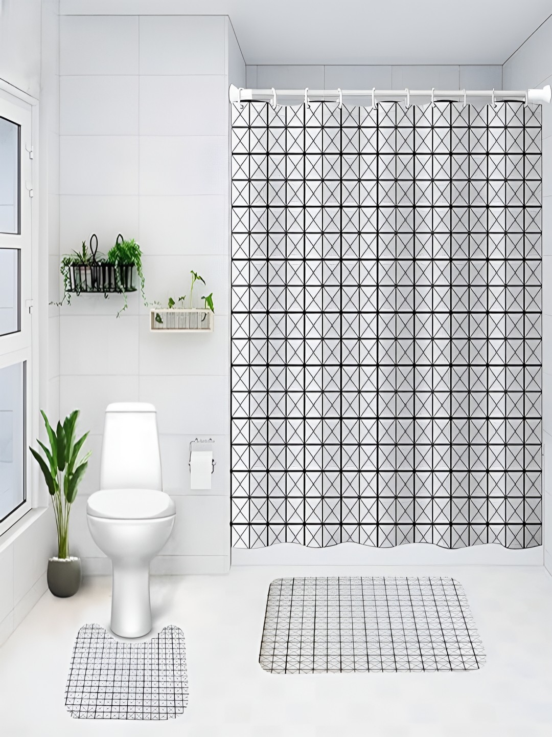 

Kuber Industries White & Black 3 Pieces Geometric Printed Shower Curtain & Bathmat Set