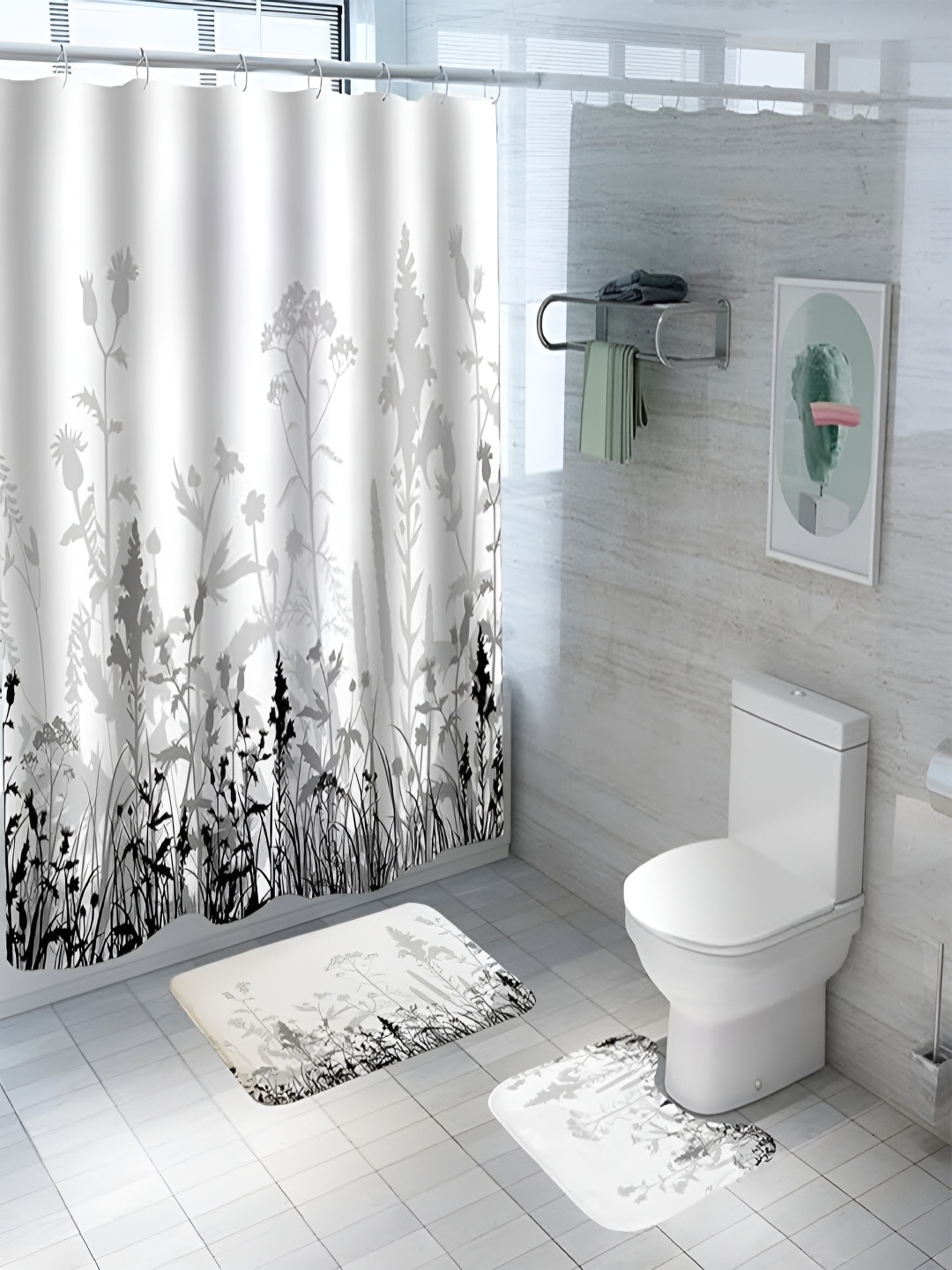 

Kuber Industries White & Grey 3 Pieces Floral Printed Shower Curtain & Bathmat Set