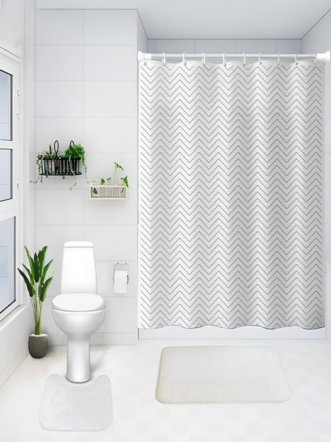 

Kuber Industries White & Grey 3 Pieces Geometric Printed Shower Curtain & Bathmat Set