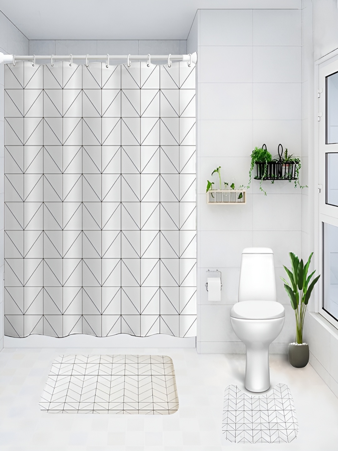 

Kuber Industries White & Grey 3 Pieces Geometric Printed Shower Curtain & Bathmat Set