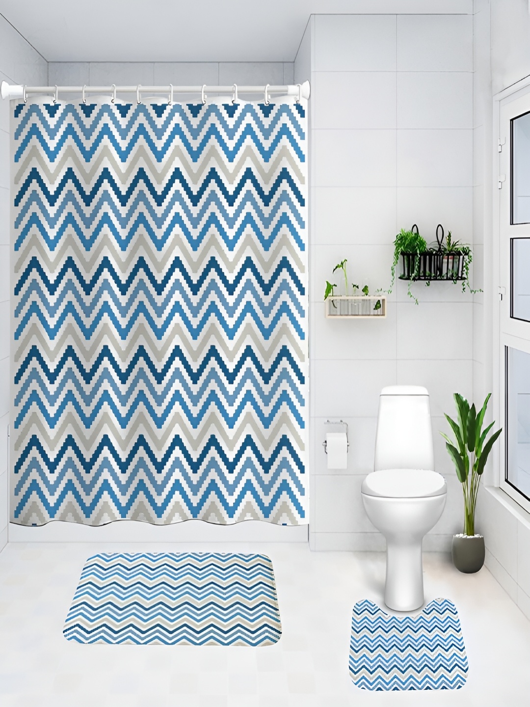 

Kuber Industries White & Blue 3 Pieces Geometric Shower Curtain & Bathmat Set