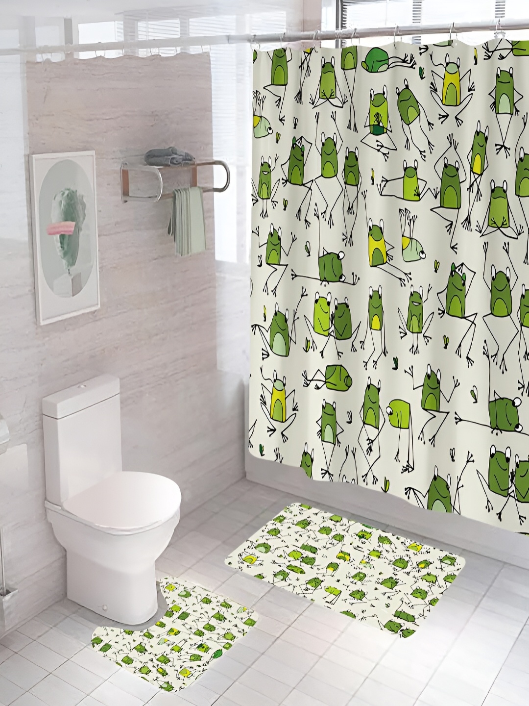 

Kuber Industries White & Green 3 Pcs Printed Shower Curtain & Bathmat Set