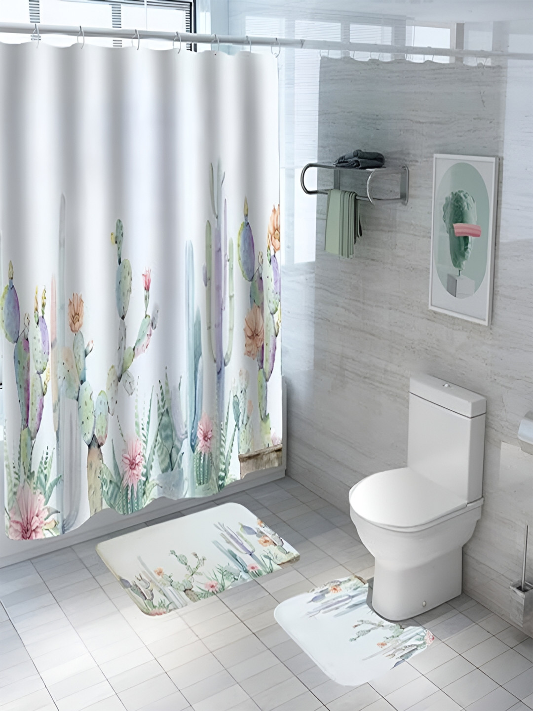 

Kuber Industries White & Green 3 Pieces Floral Printed Shower Curtain & Bathmat Set