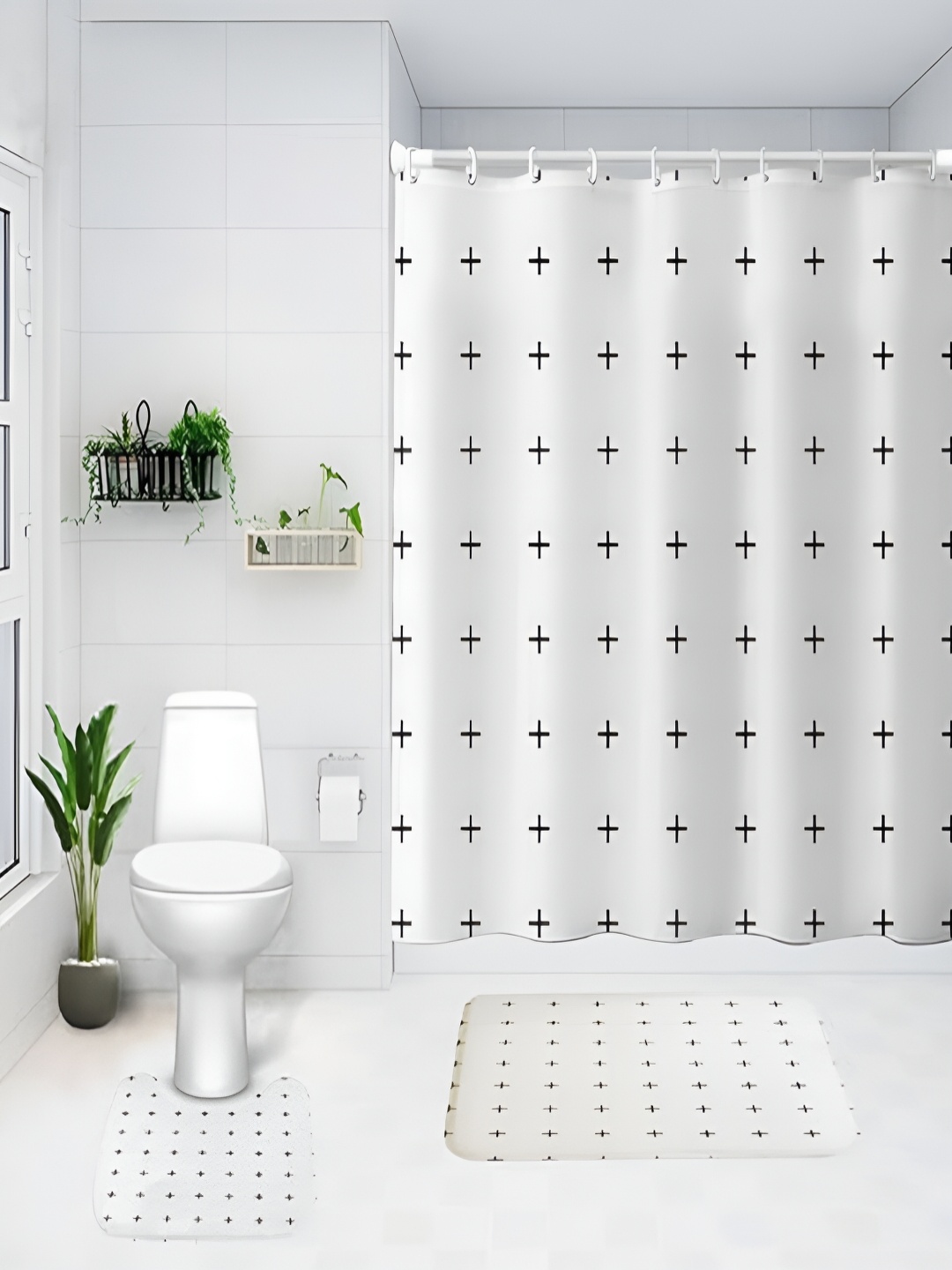 

Kuber Industries White & Black 3 Pieces Geometric Printed Shower Curtain & Bathmat Set