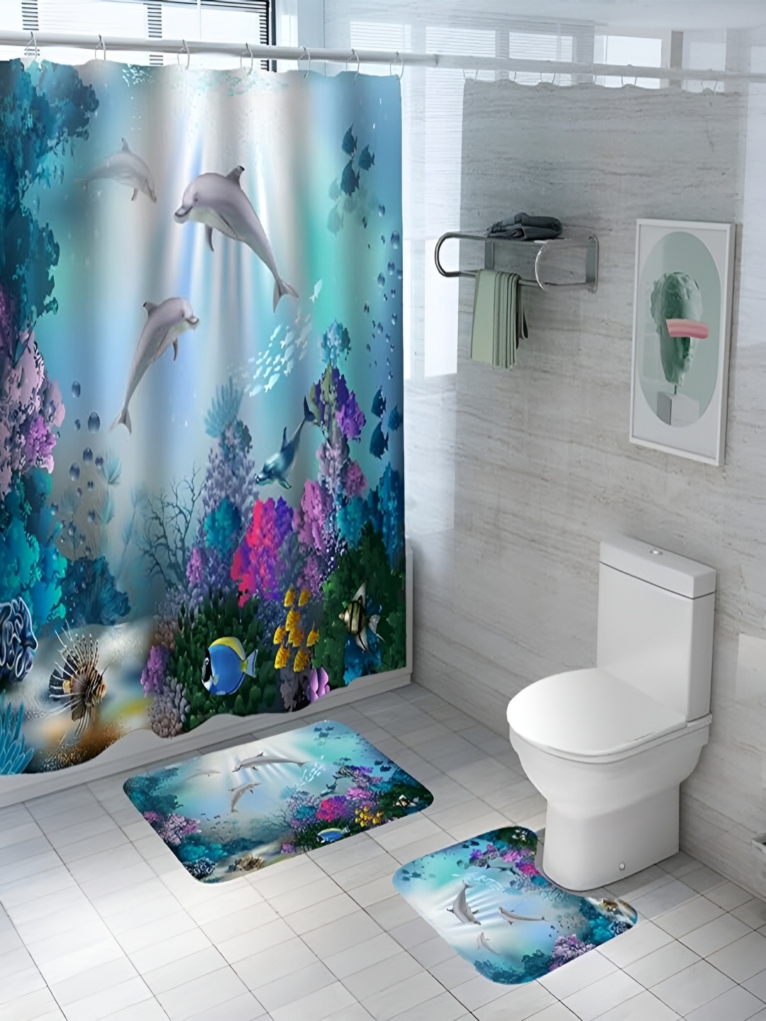 

Kuber Industries White & Blue 3 Pieces Marine Life Printed Shower Curtain & Bathmat Set