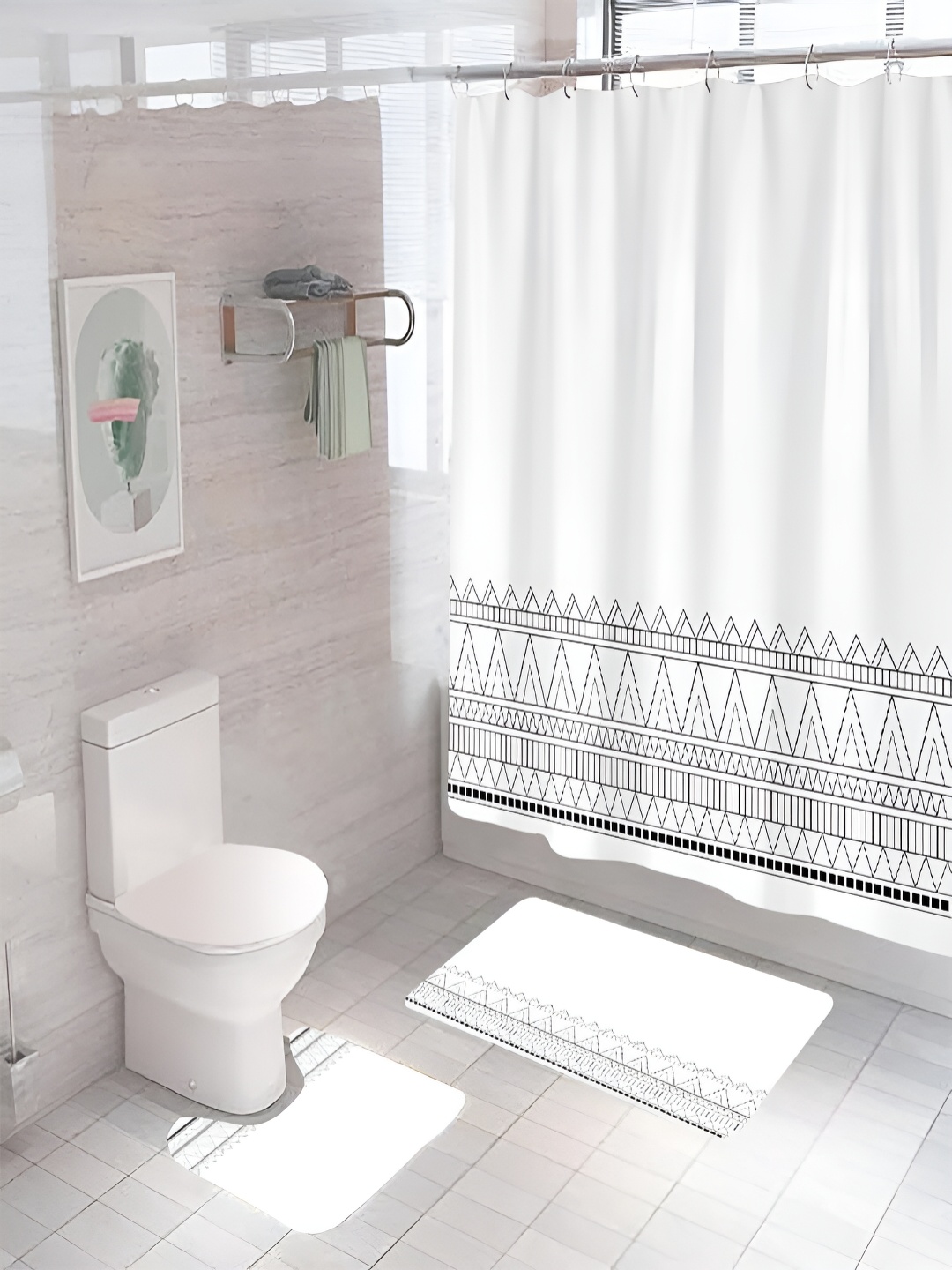 

Kuber Industries White & Grey 3 Pieces Geometric Shower Curtain & Bathmat Set