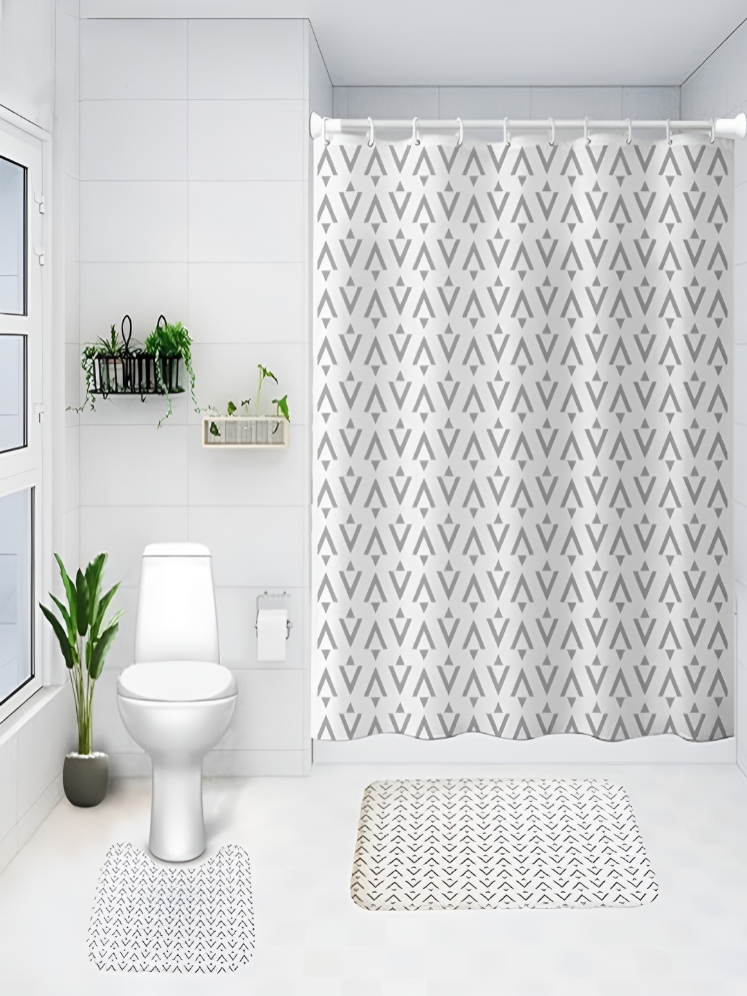 

Kuber Industries White & Grey 3 Pieces Geometric Shower Curtain & Bathmat Set