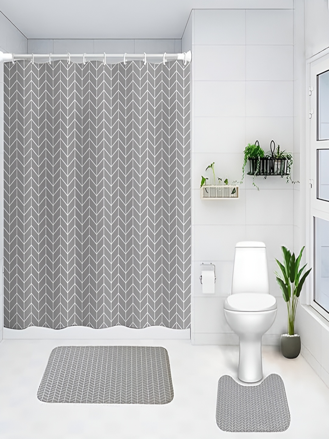 

Kuber Industries Grey & White 3 Pieces Geometric Printed Shower Curtain & Bathmat Set