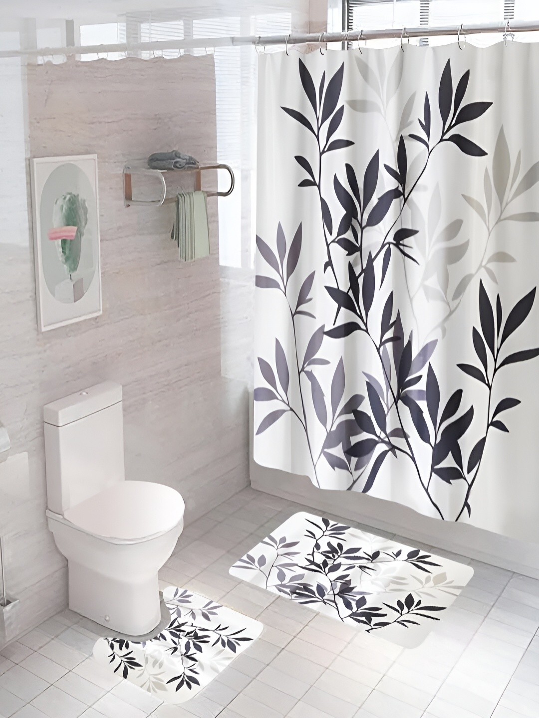 

Kuber Industries White & Black 3 Pieces Floral Printed Shower Curtain & Bathmat Set