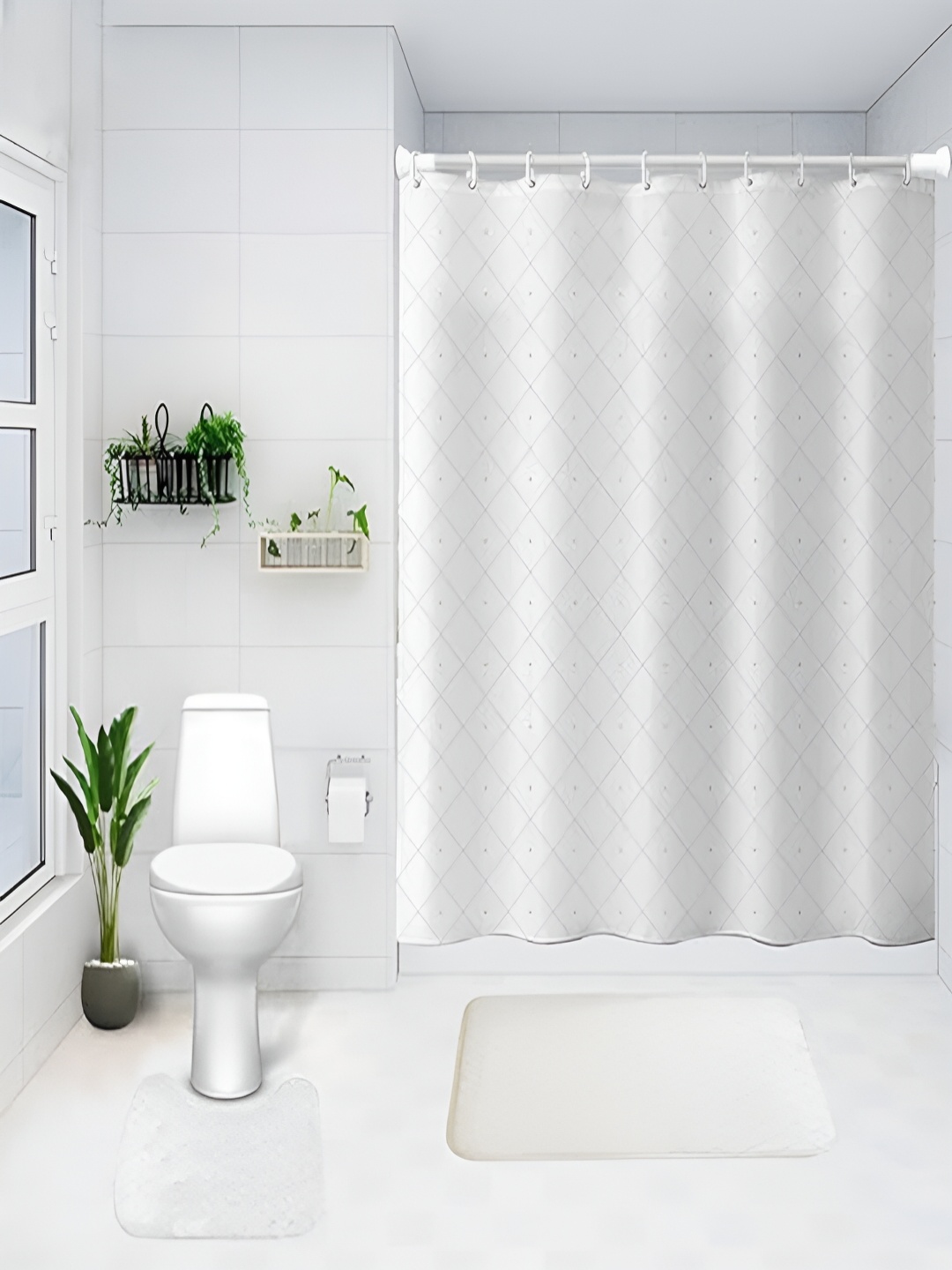 

Kuber Industries White 3 Pieces Shower Curtain & Bathmat Set