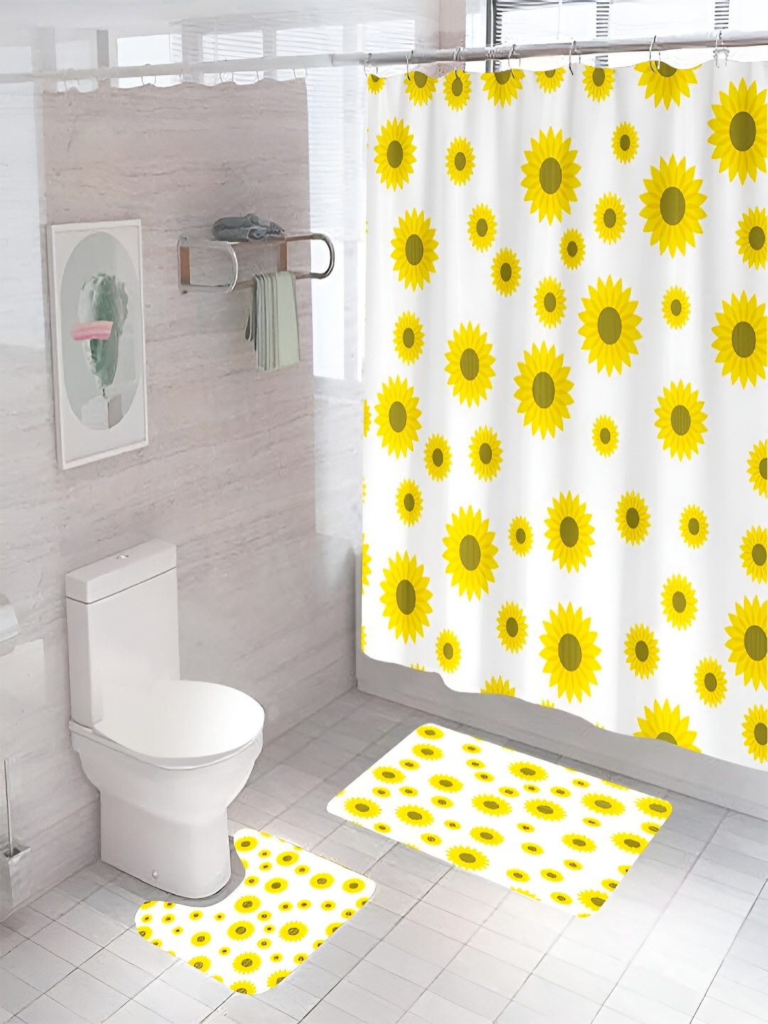 

Kuber Industries 3 Pieces Shower Curtain & Bathmat Set, White