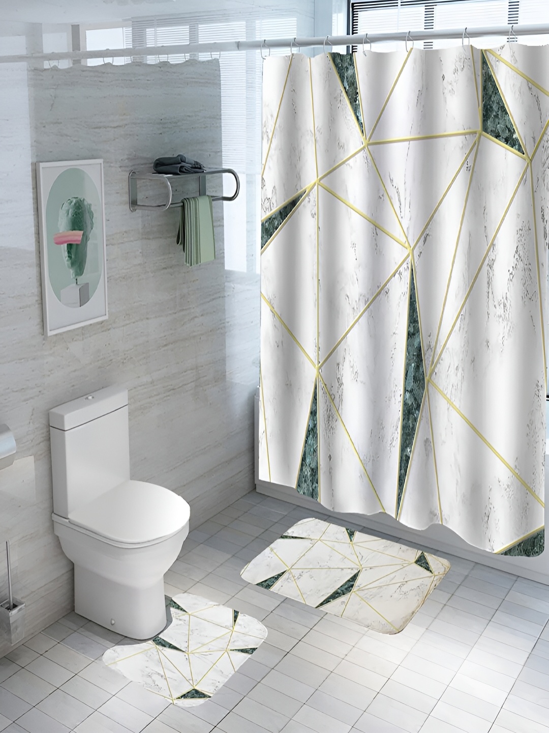 

Kuber Industries 3 Pieces Shower Curtain & Bathmat Set, White