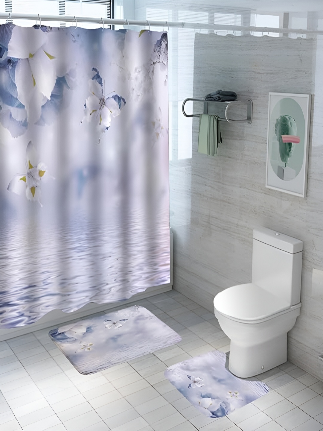 

Kuber Industries 3 Pieces Shower Curtain & Bathmat Set, White