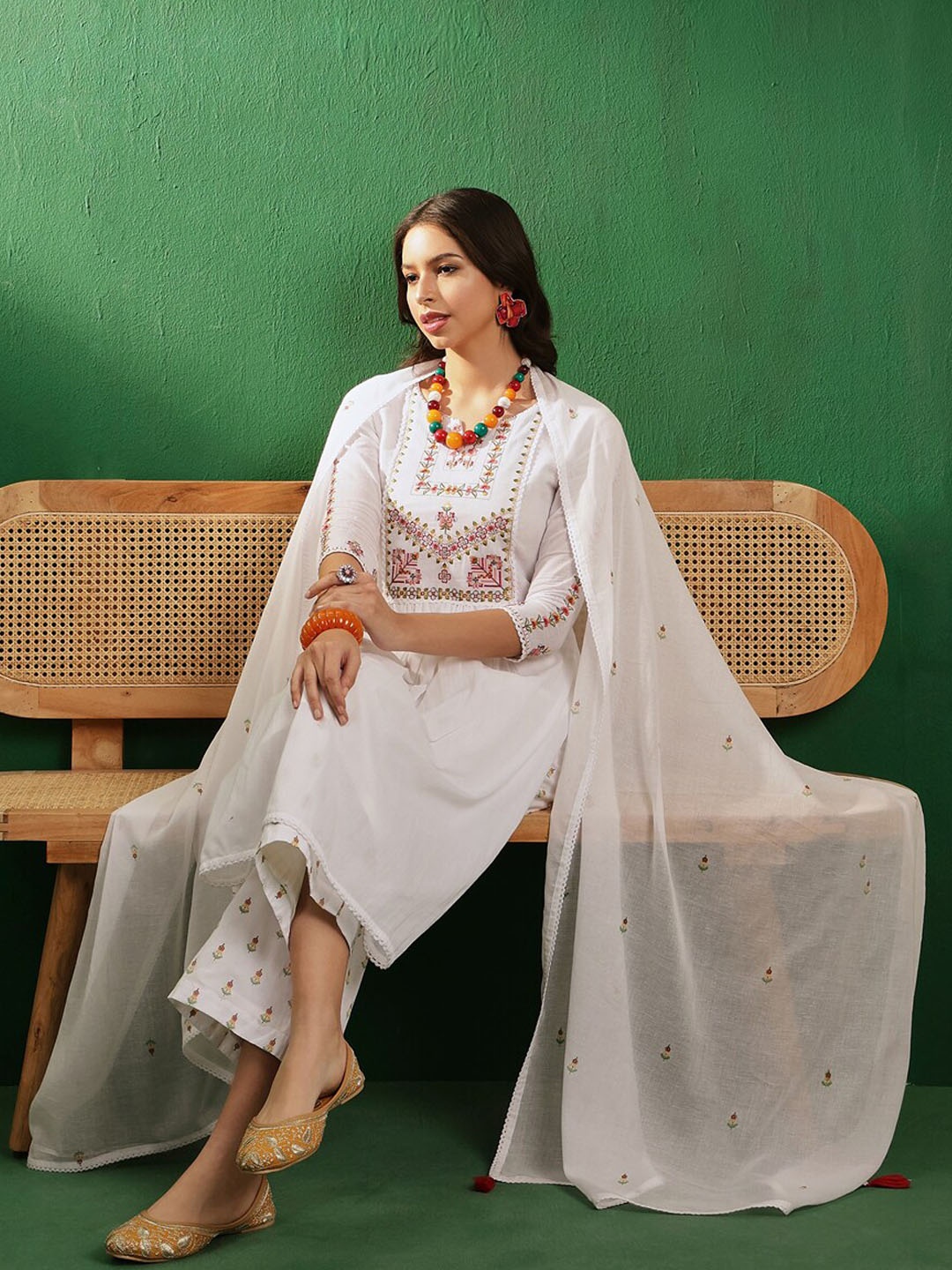 

Sangria Embroidered Pure Cotton Straight Kurta With Trousers & Dupatta, White