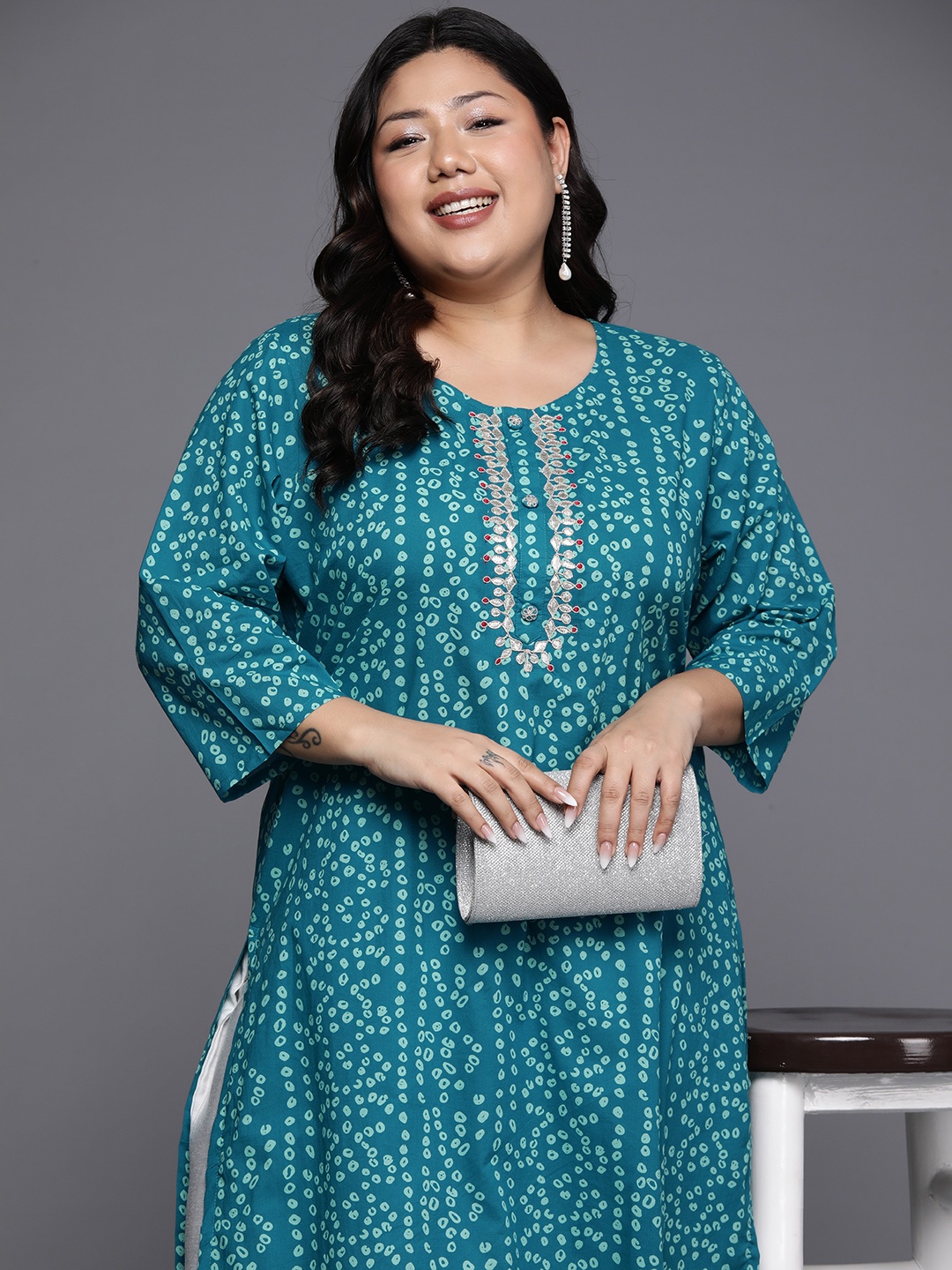 

Varanga Plus Size Bandhani Printed Gotta Patti Pure Cotton Kurta, Turquoise blue