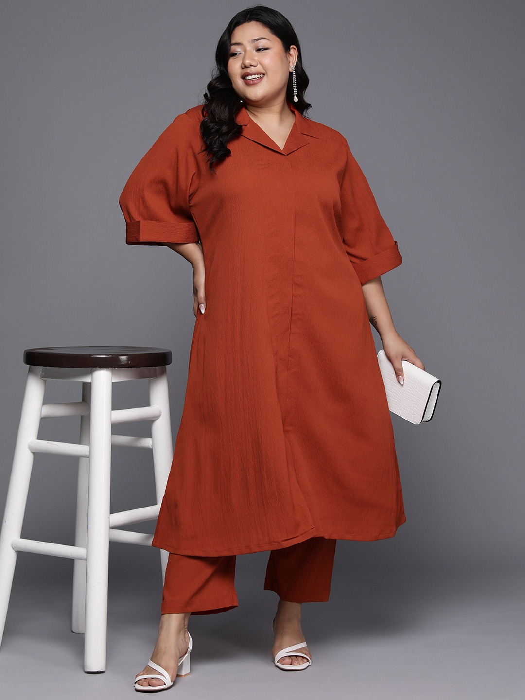 

Varanga Plus Size Flared Sleeves Silk Crepe Kurta with Trousers, Rust