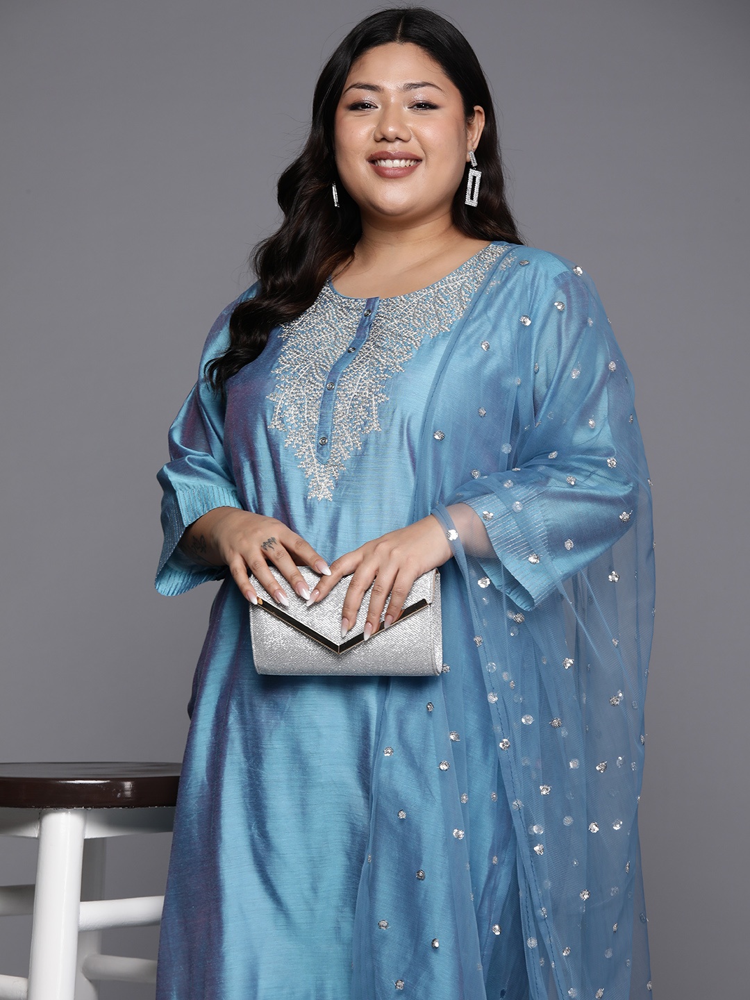 

Varanga Plus Size Floral Embroidered Zari Chanderi Silk Kurta with Trousers & Dupatta, Blue