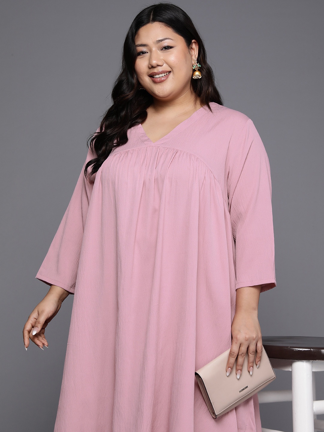 

Varanga Women Pleated Silk Crepe Kurta with Trousers, Pink