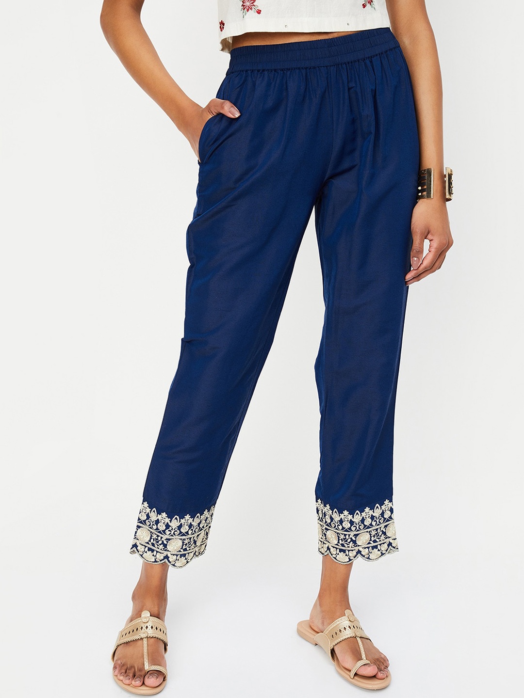 

max Women Mid Rise Trousers, Navy blue