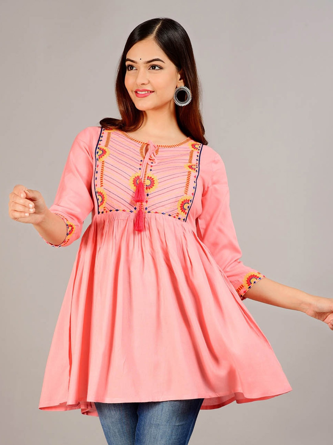 

NEW4U Ethnic Embroidered Tie-Up Neck Longline Top, Pink