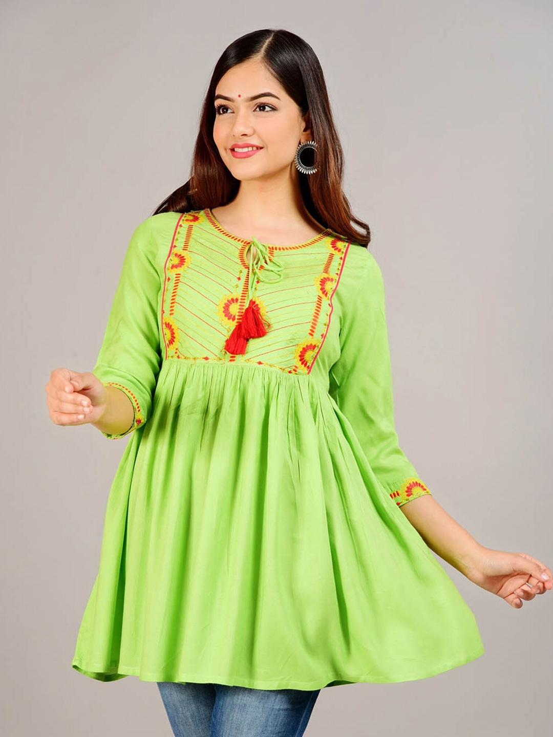 

NEW4U Embroidered Tie-Up Neck Top, Green