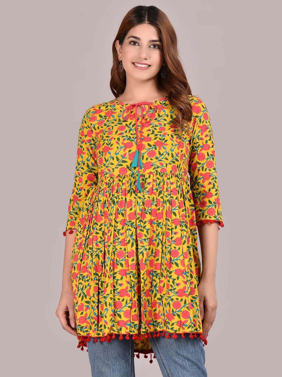 

NEW4U Floral Printed Tie-Up Neck A-Line Longline Top, Yellow
