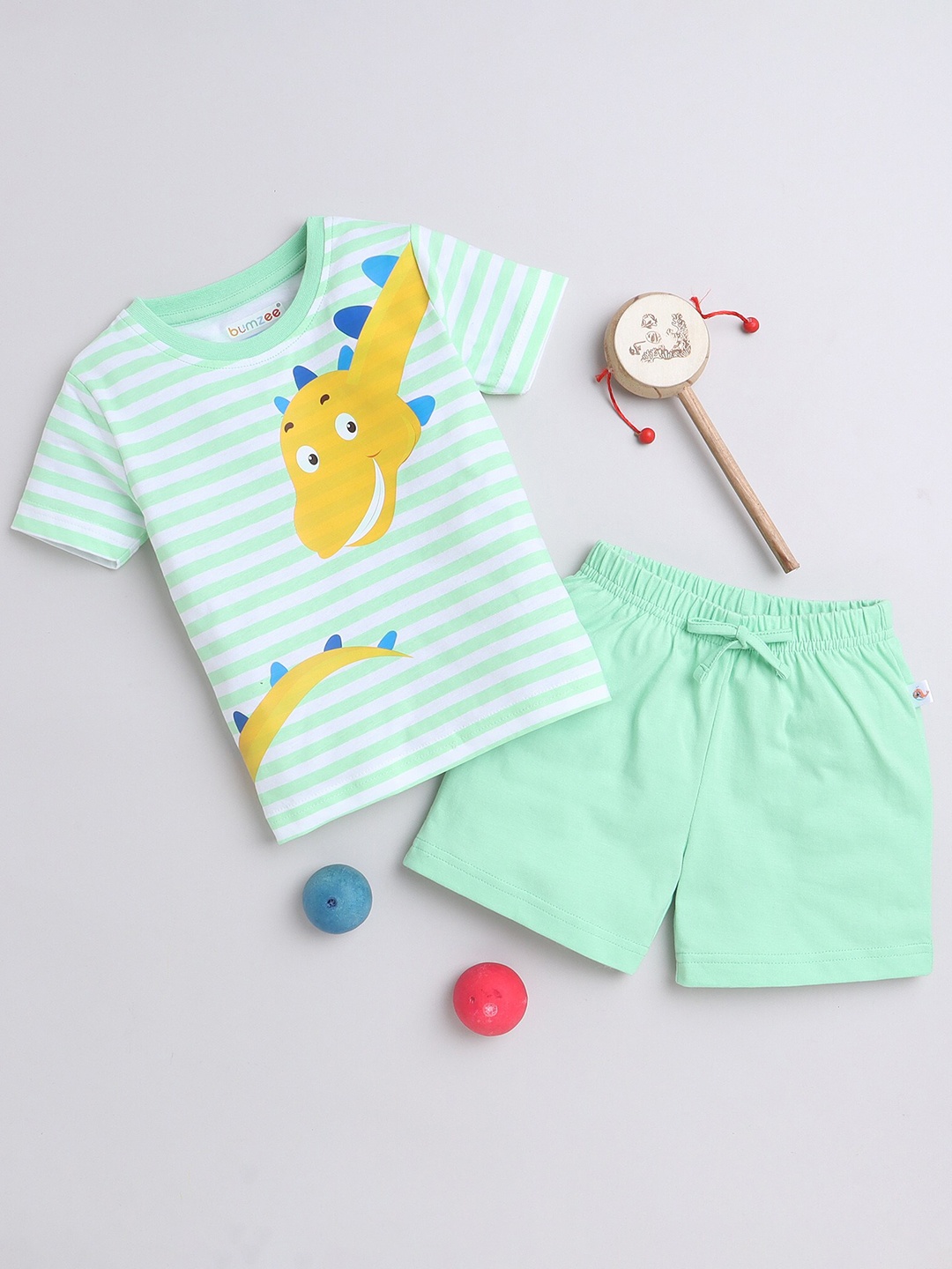 

BUMZEE Boys Conversational Printed Pure Cotton T-shirt With Shorts, Green