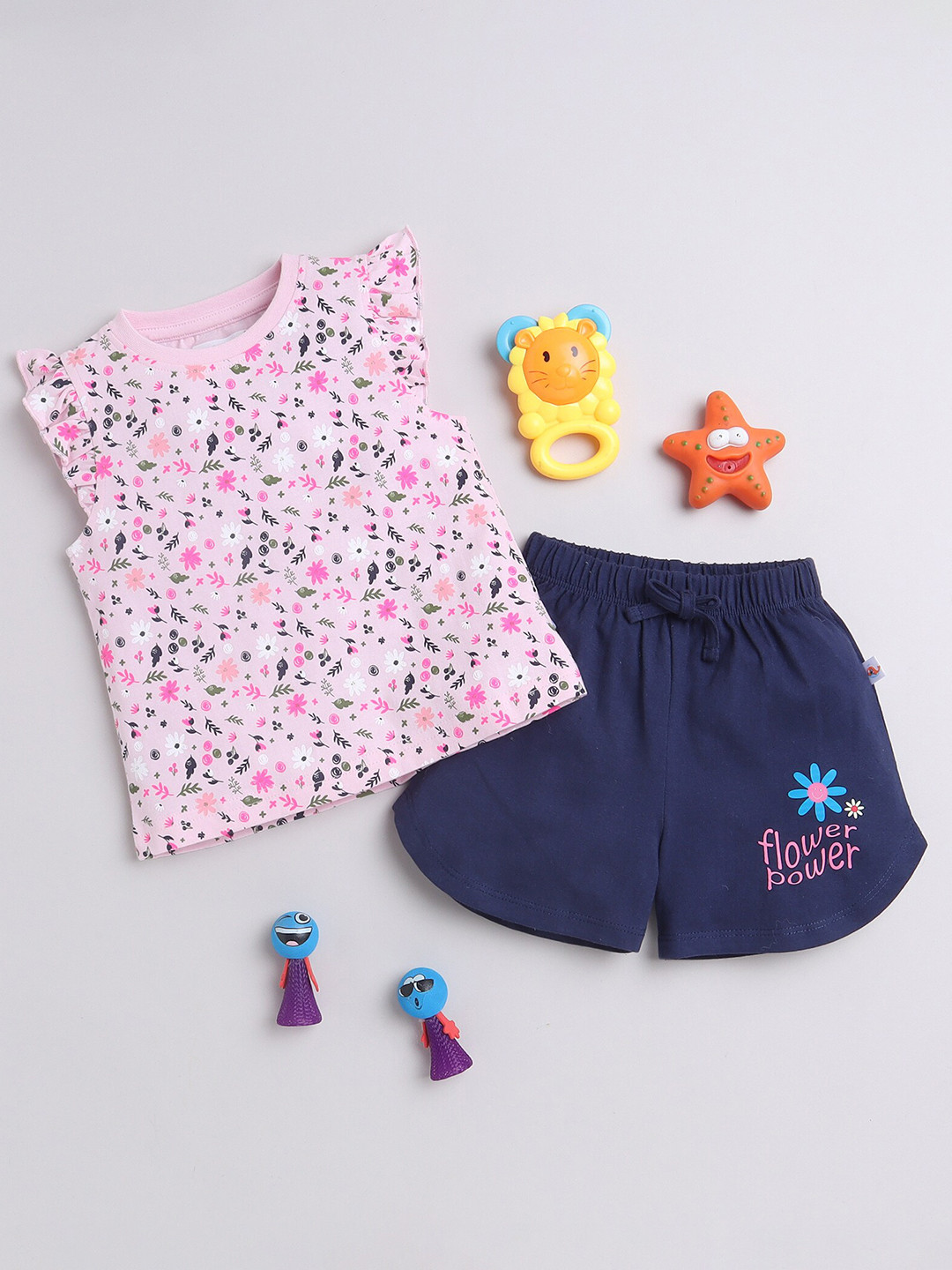 

BUMZEE Girls Floral Printed Pure Cotton T-shirt With Shorts, Pink