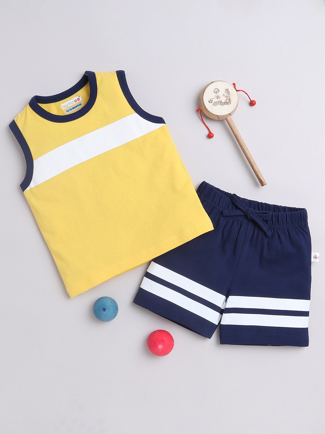 

BUMZEE Infants Boys Pure Cotton T-shirt With Striped Shorts, Yellow