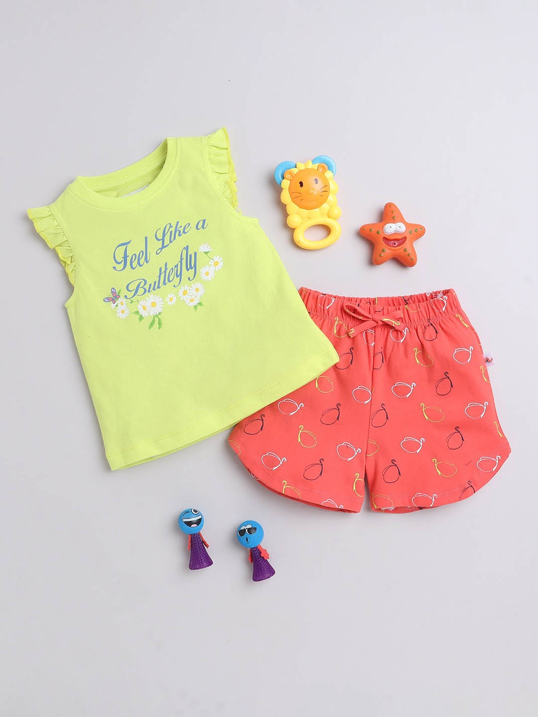 

BUMZEE Infants Girls Printed Pure Cotton Top with Shorts, Coral