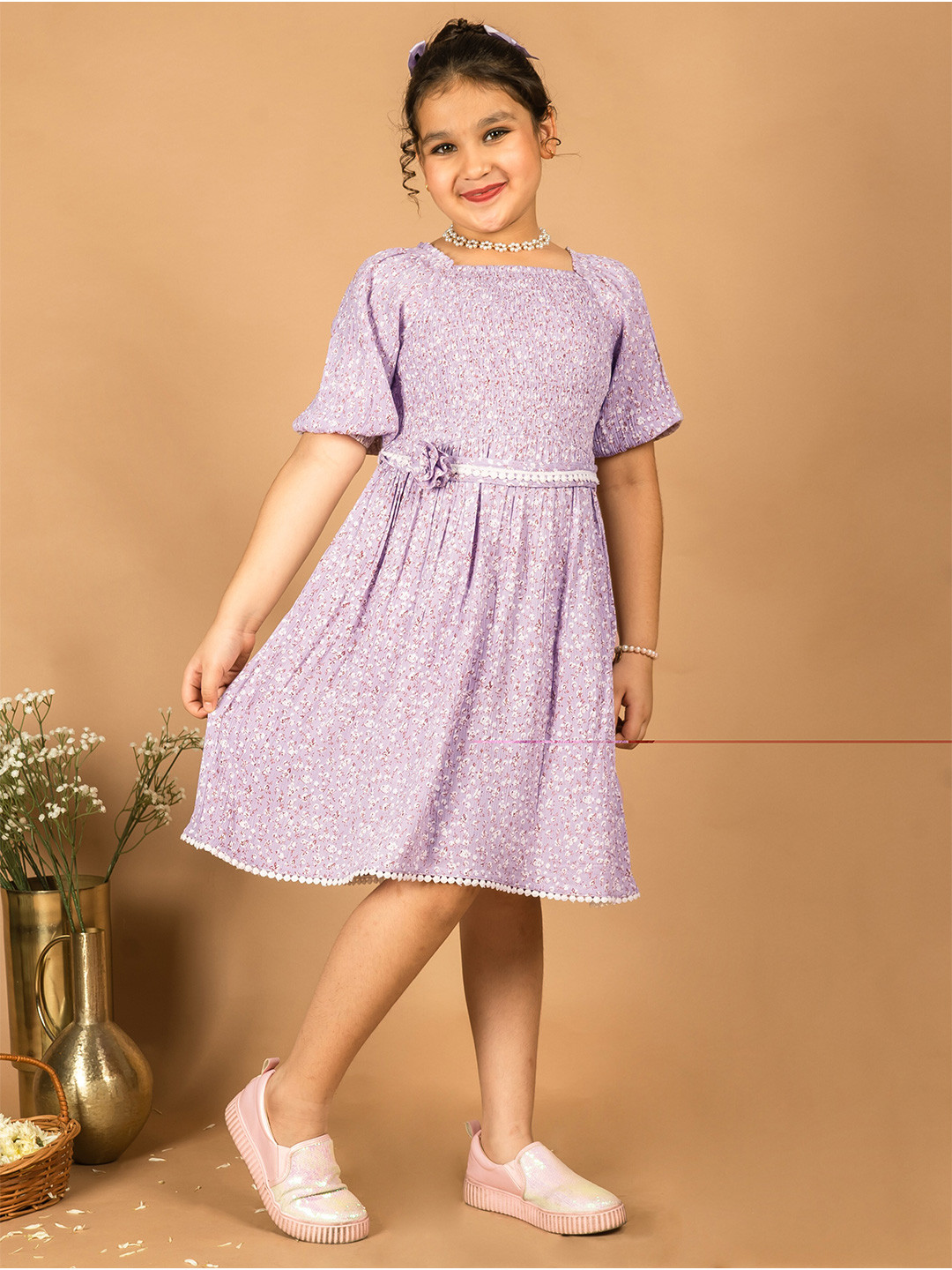 

KASYA Girls Floral Printed Square Neck Puff Sleeves Fit & Flare Dress, Lavender