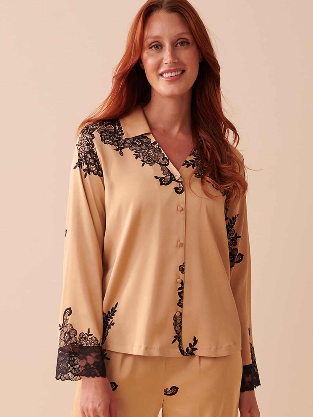 

La Vie en Rose Satin & Lace Long Sleeve Lounge Shirt, Brown