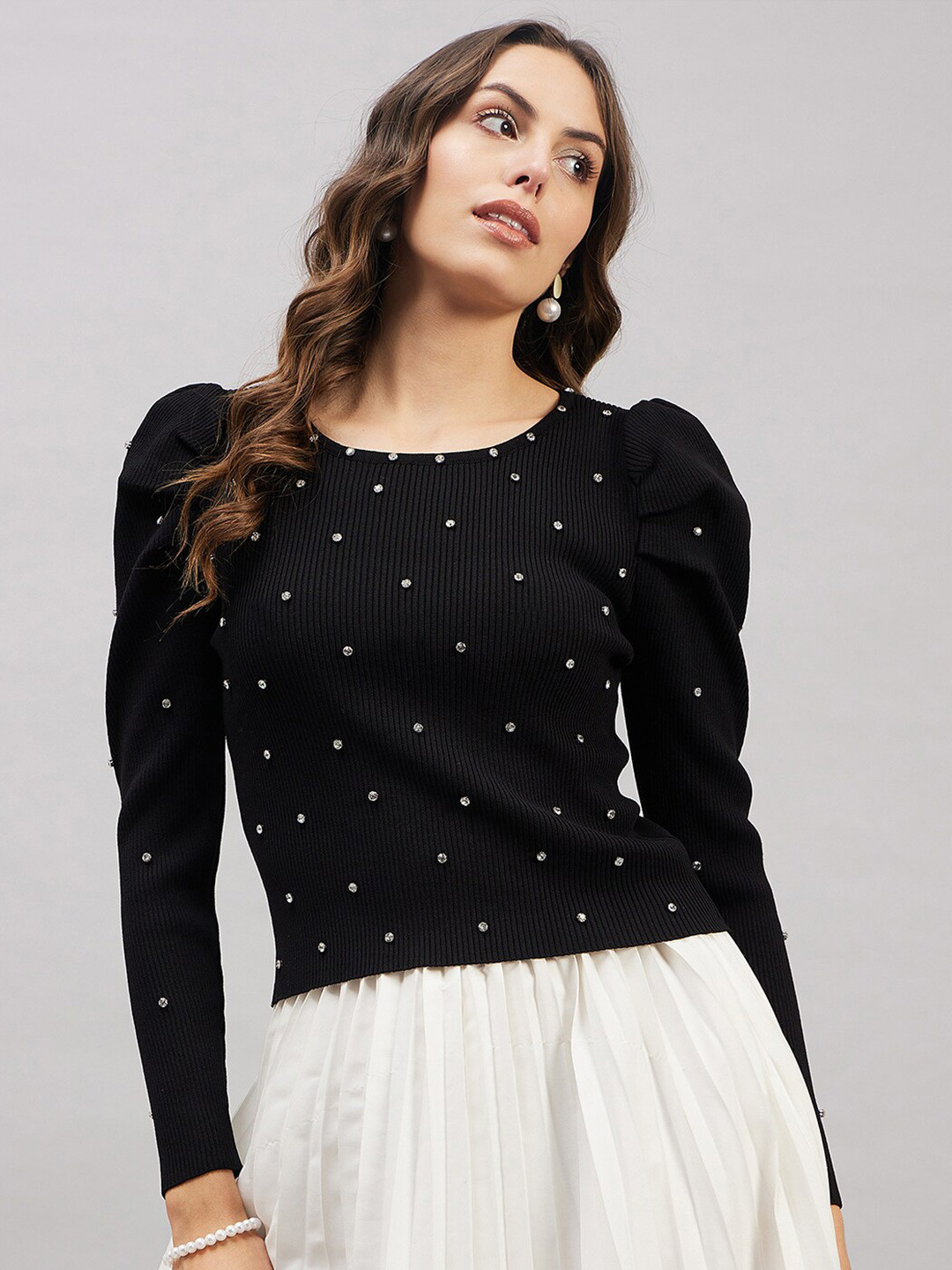 

Orchid Hues Embellished Puff Sleeve Woollen Top, Black