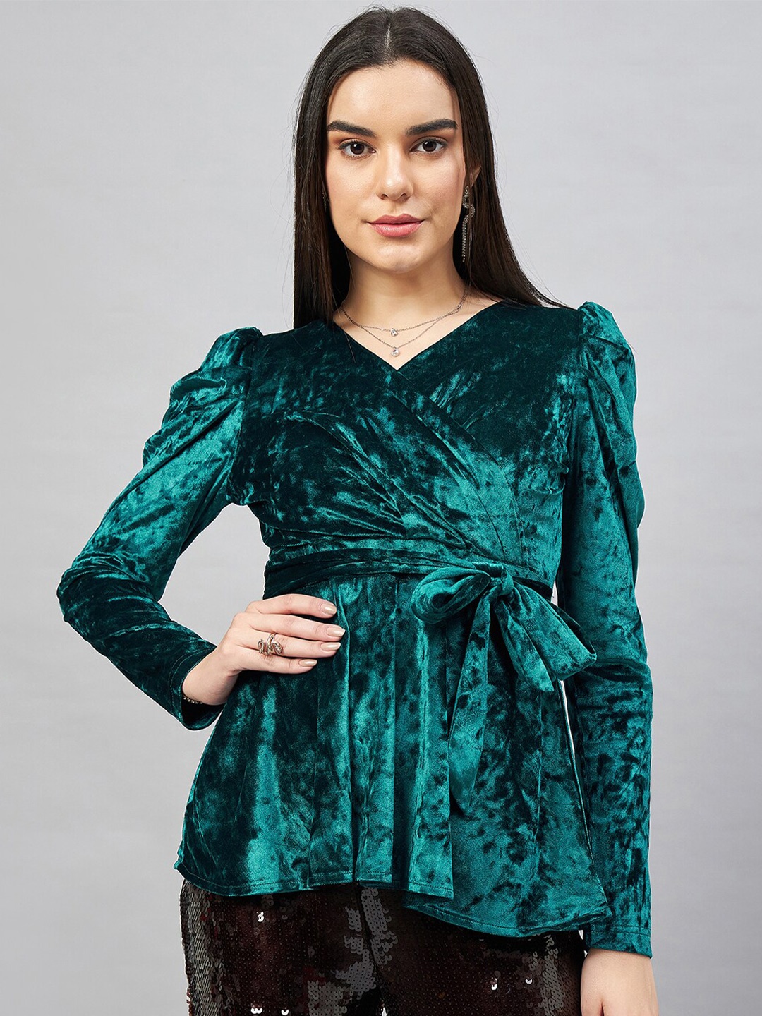 

Orchid Blues Puff Sleeve Velvet Wrap Top, Teal