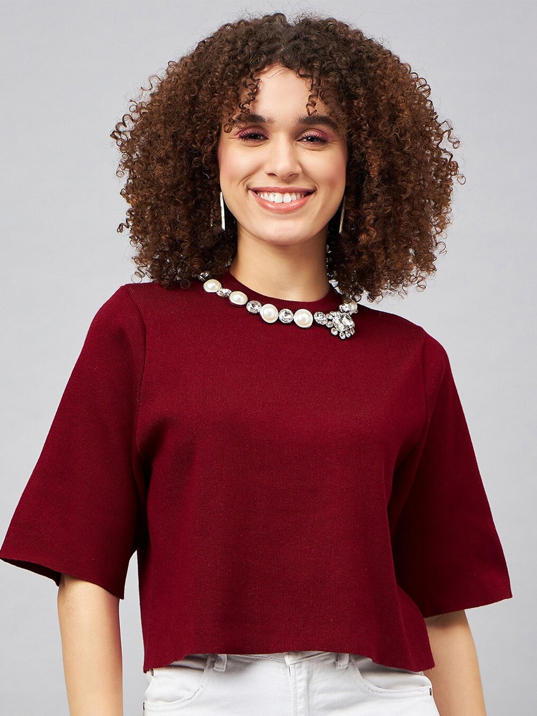 

Orchid Blues Flared Sleeve Woollen Crop Top, Maroon