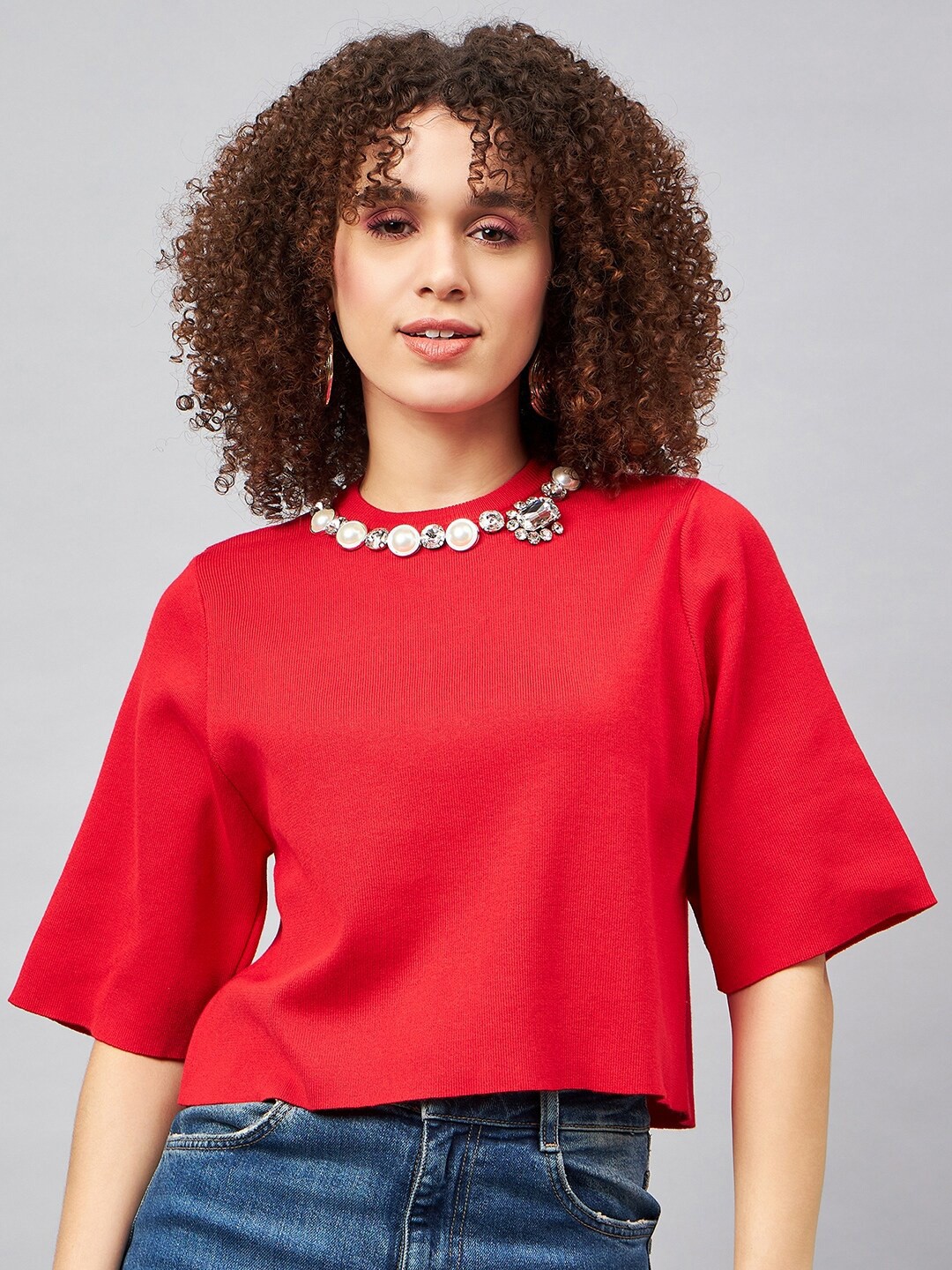 

Orchid Blues Flared Sleeve Woollen Top, Red