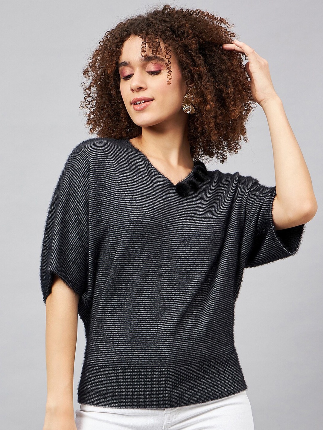 

Orchid Blues Horizontal Striped Extended Sleeves Woollen Top, Black