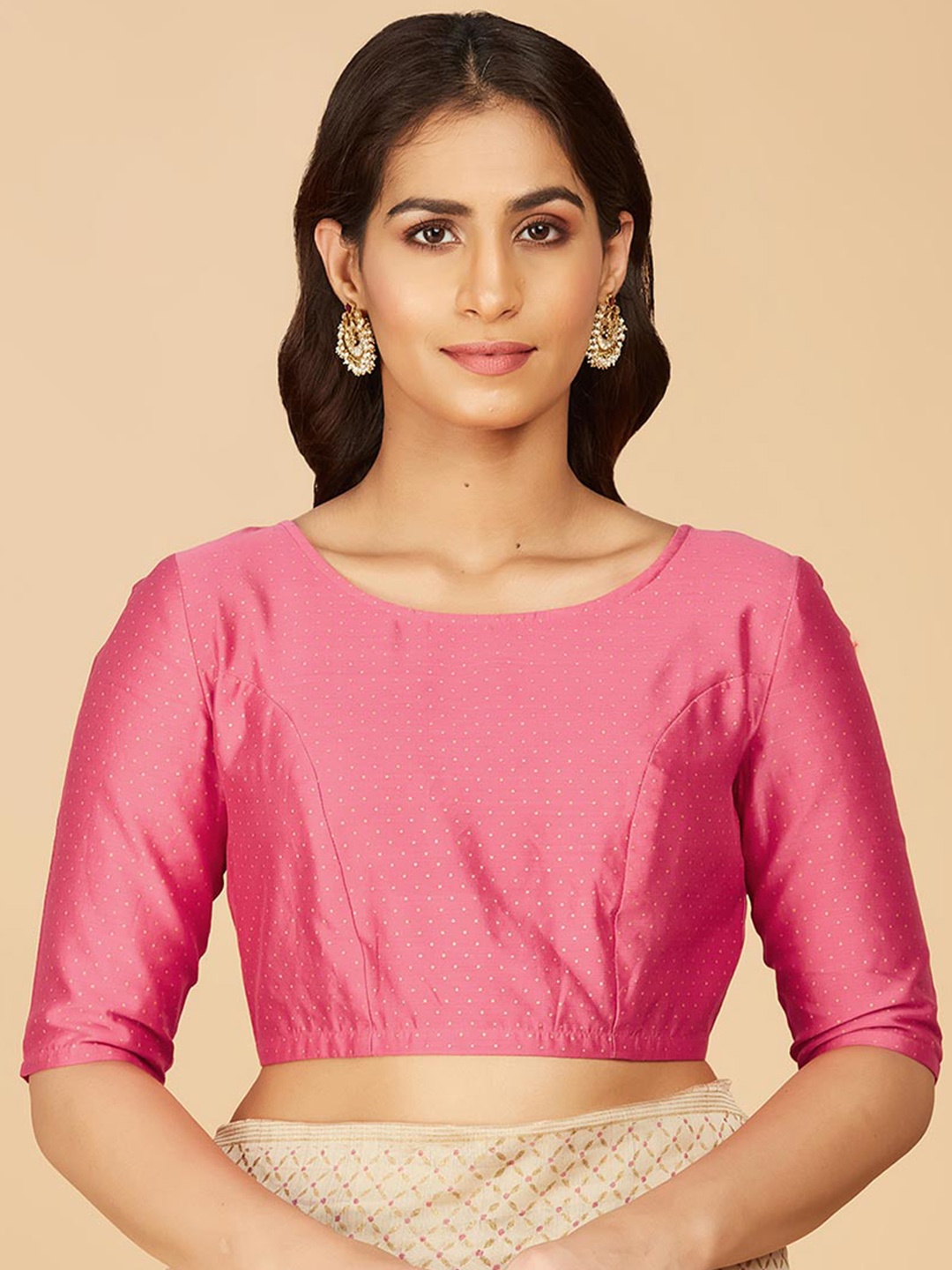 

Fabindia Polka Dot Printed Cotton Silk Saree Blouse, Pink