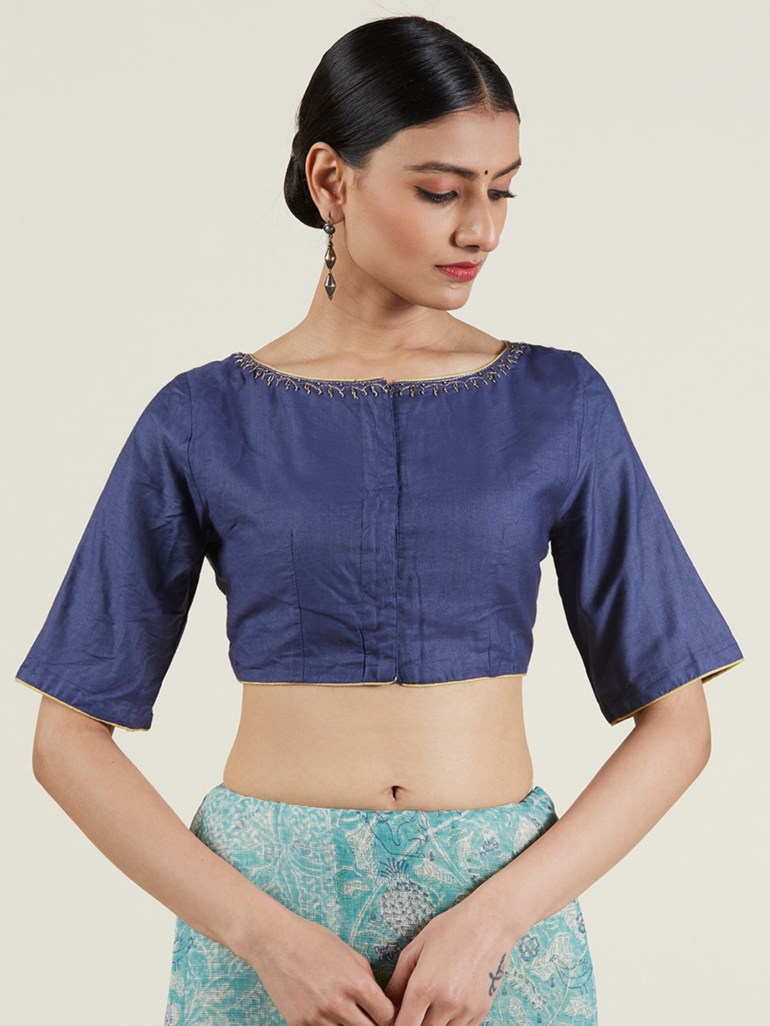 

Fabindia Embroidered Boat Neck Thread Work Detailed Saree Blouse, Navy blue