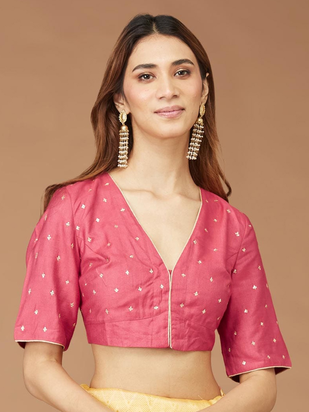 

Fabindia Embellished V-Neck Sequinned Detailed Saree Blouse, Pink