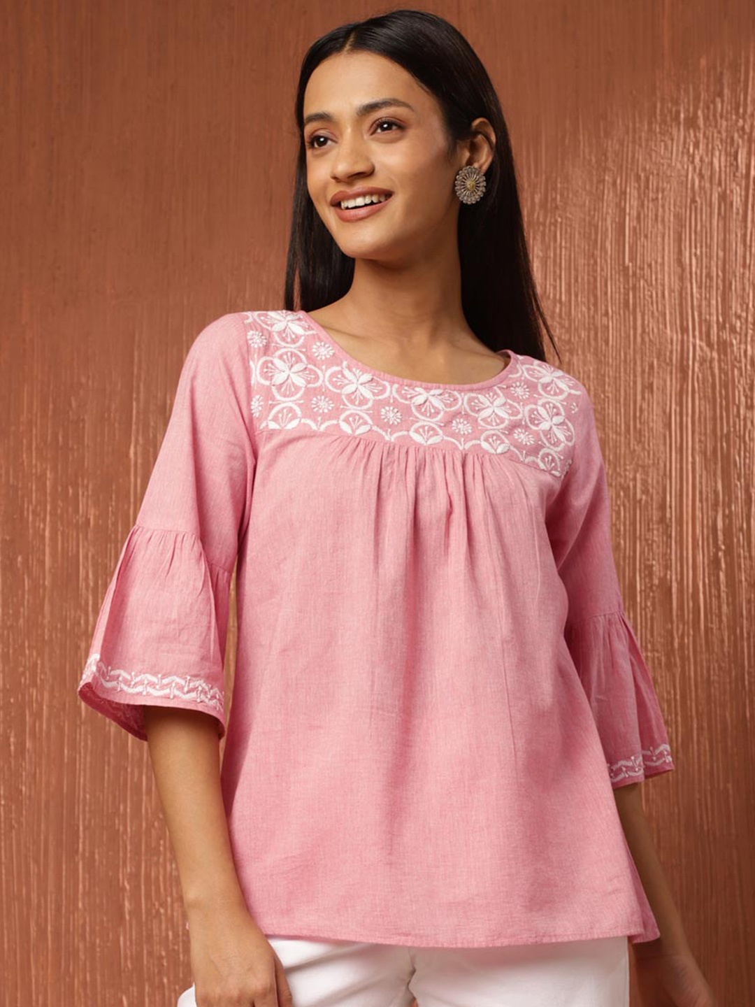 

Fabindia Floral Bell Sleeve Cotton Chikankari Top, Pink