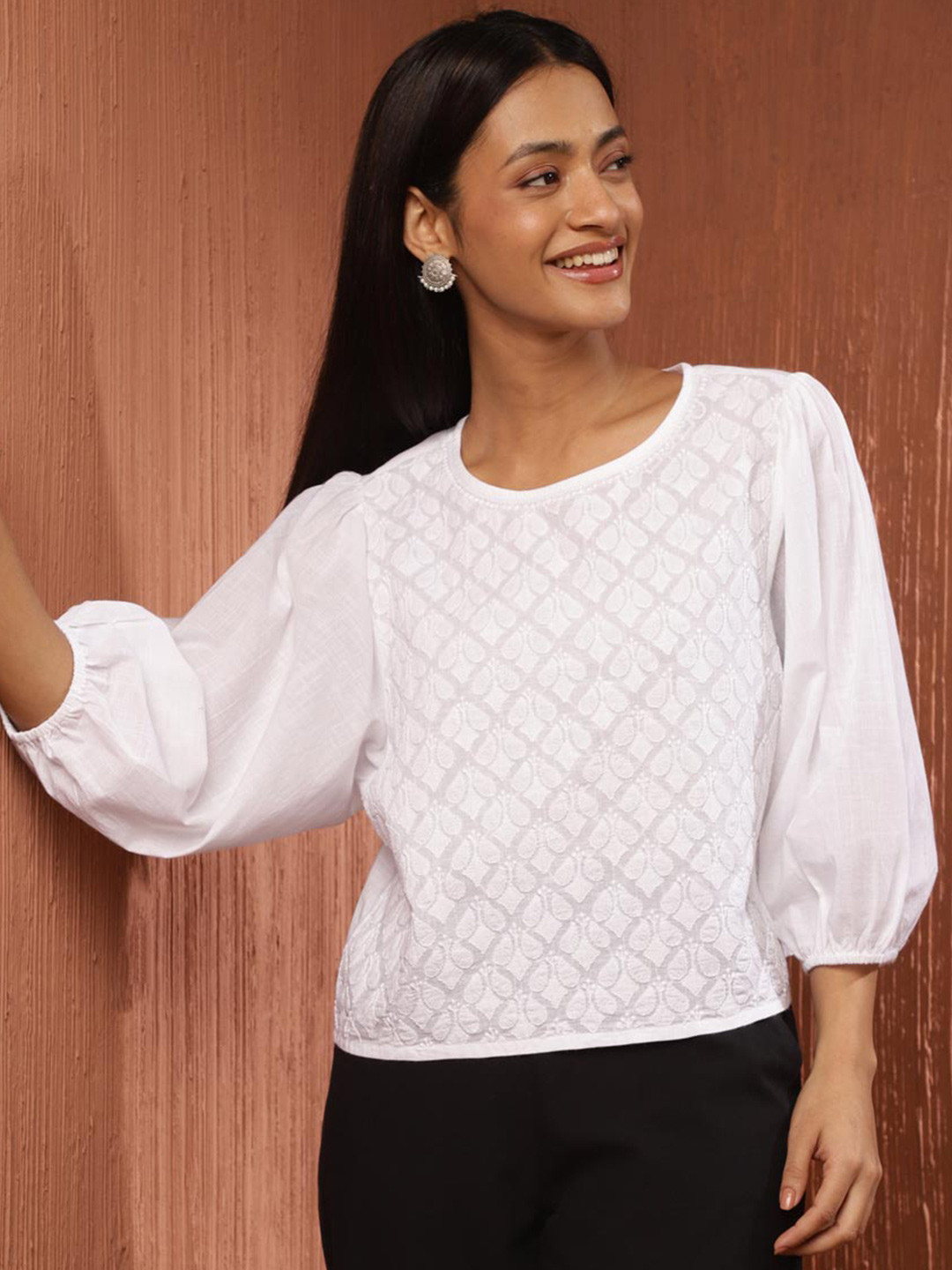 

Fabindia Puff Sleeve Chikankari Cotton Top, White