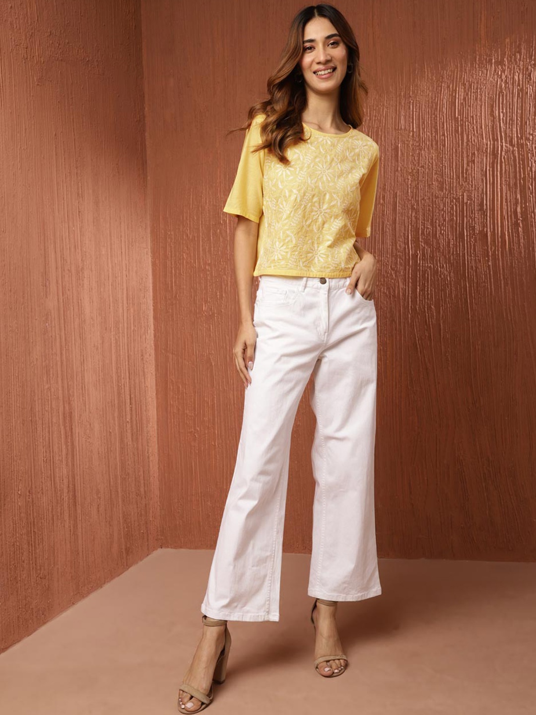 

Fabindia Embroidered Chikankari Cotton Top, Yellow