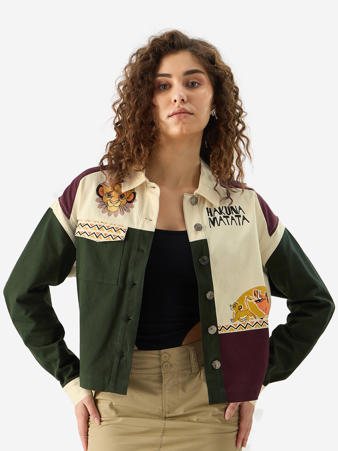 

The Souled Store Beige Colourblocked Lightweight Pure Cotton Crop Denim Jacket