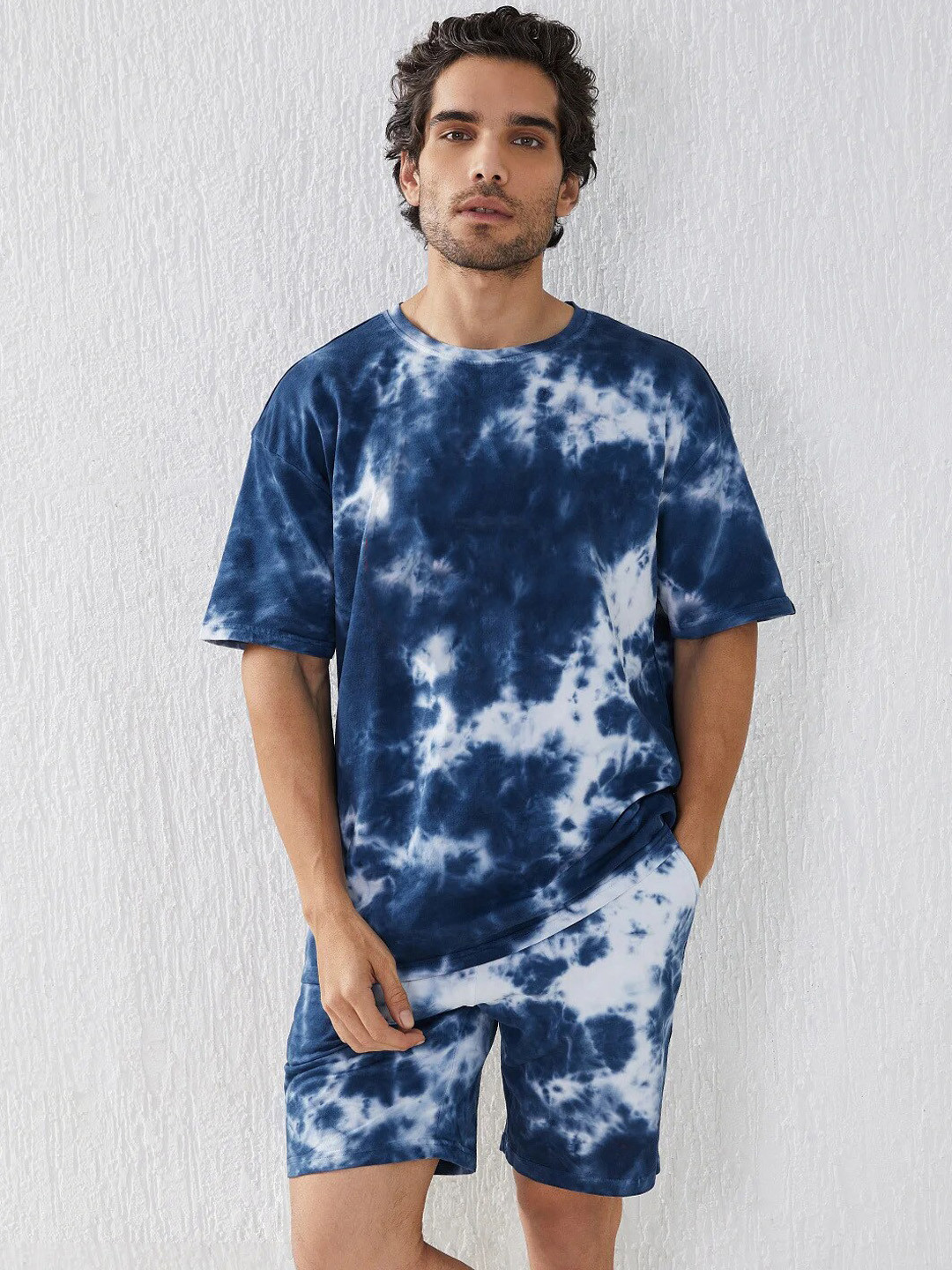

FINIVO FASHION Men Tie and Dye Pure Cotton Night suit, Navy blue