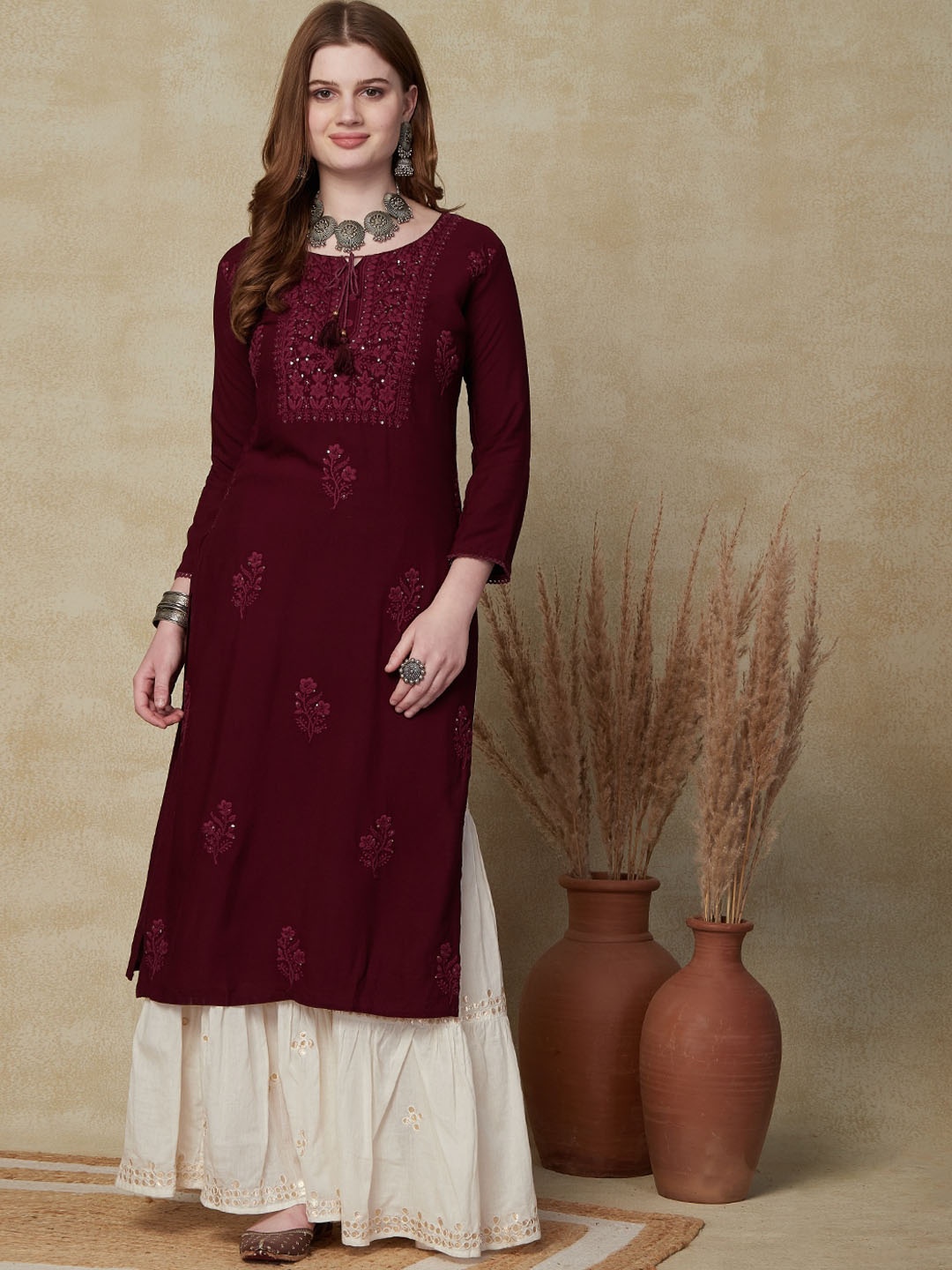 

FASHOR Tie-Up Embroidered Sequinned Kurta, Mauve