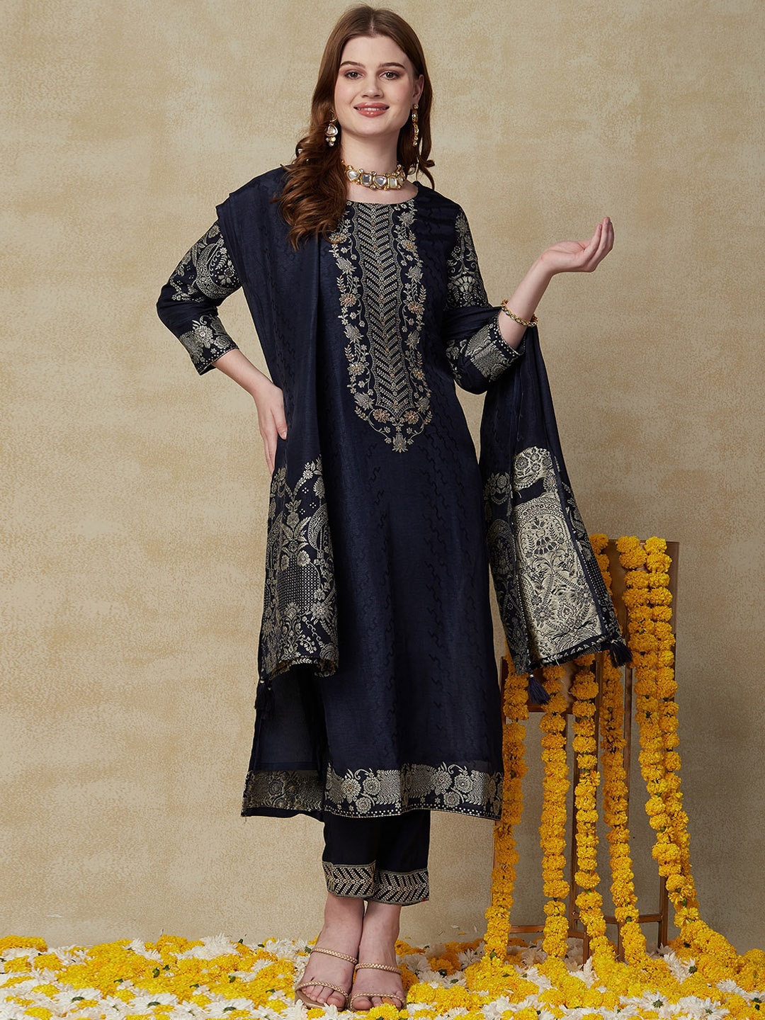 

FASHOR Navy Blue Ethnic Motifs Embroidered Straight Kurta With Trousers & Dupatta